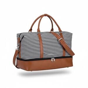 Weekender Travel Duffel Bag Black White Stripe Shoe Compartment Carry On NEW